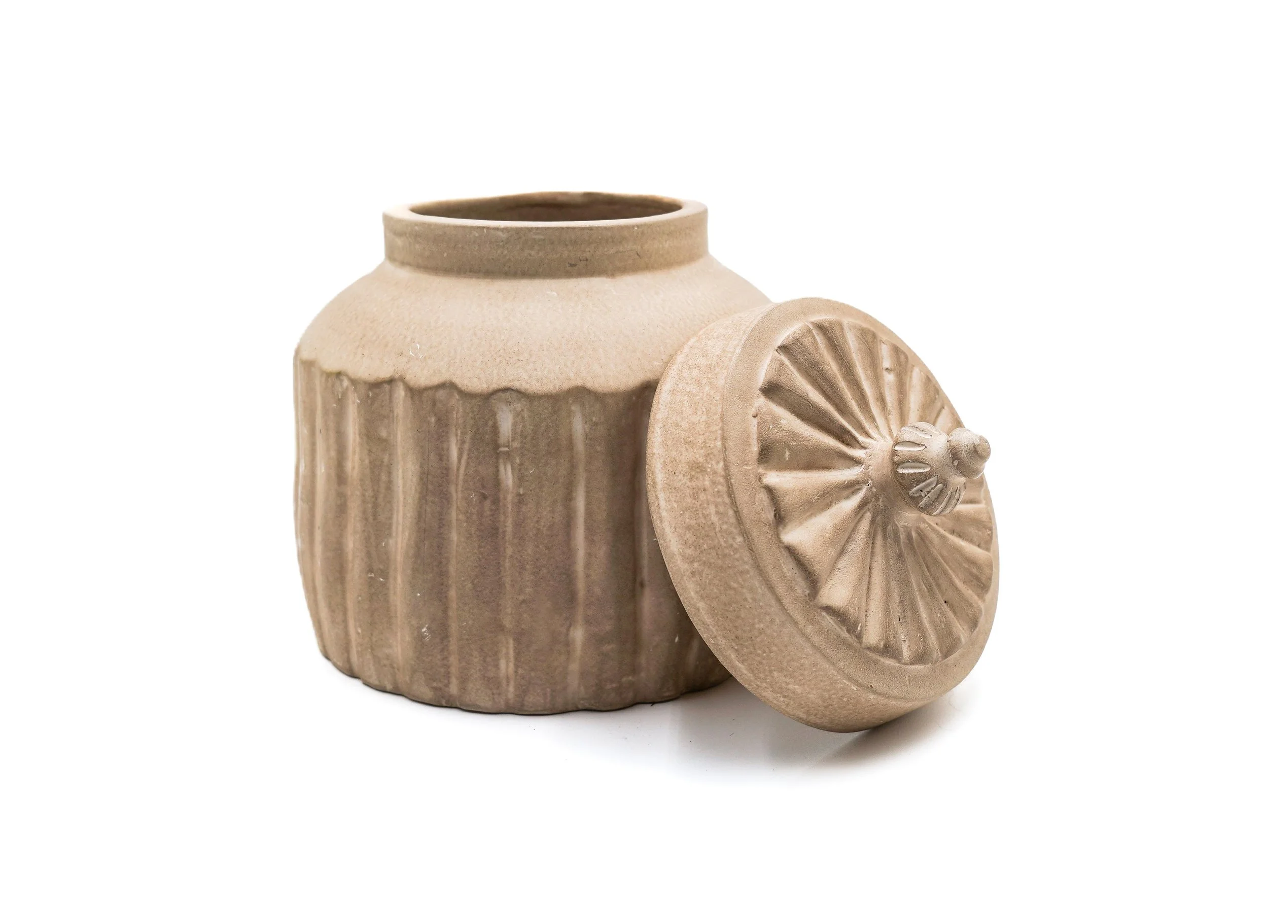 round-vertical-fluted-tan-taupe-ceramic-canister-with-lid-tabletop-accessory-decor-storage-image2.JPG
