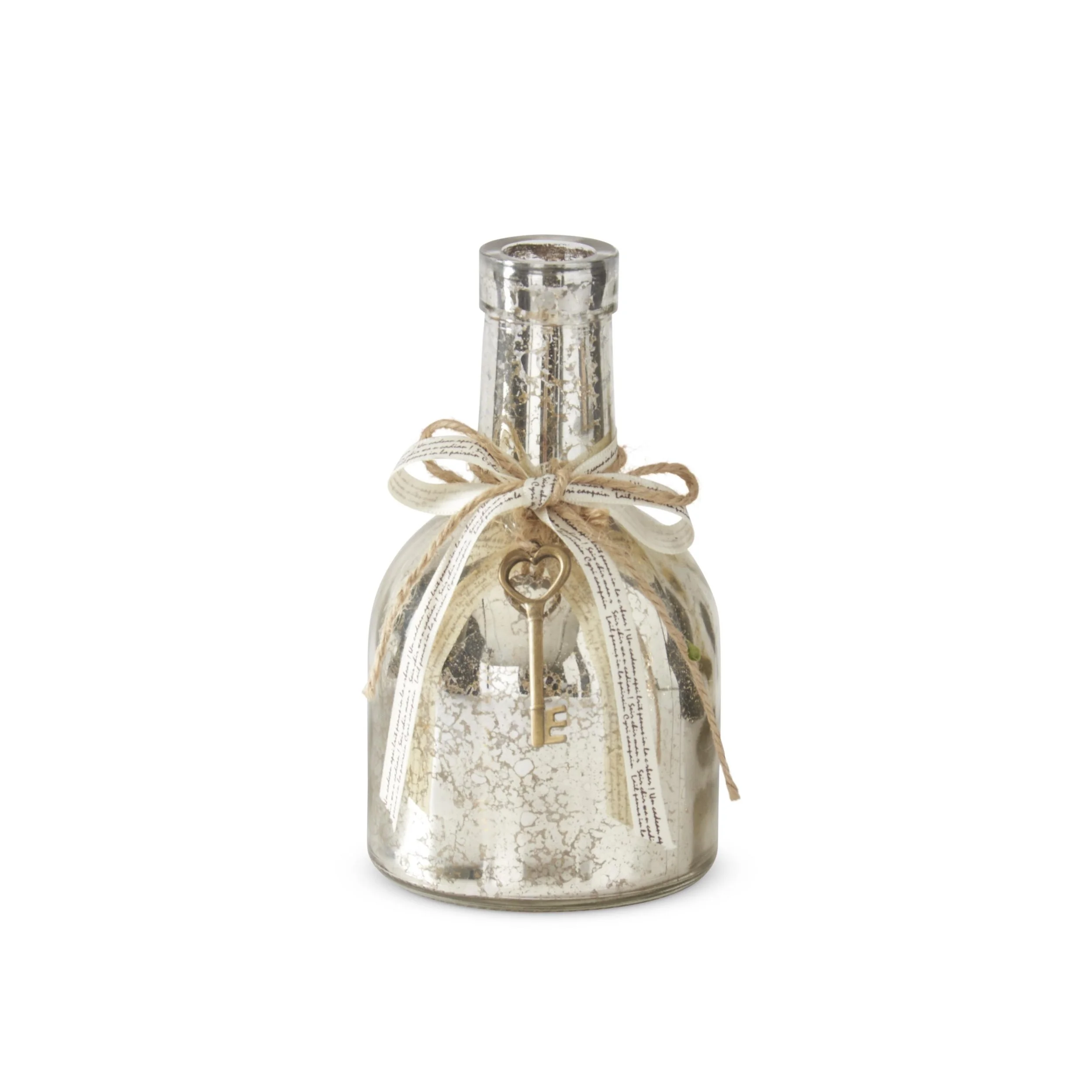 Mercury Glass Bottle With Ribbon & Key Accent