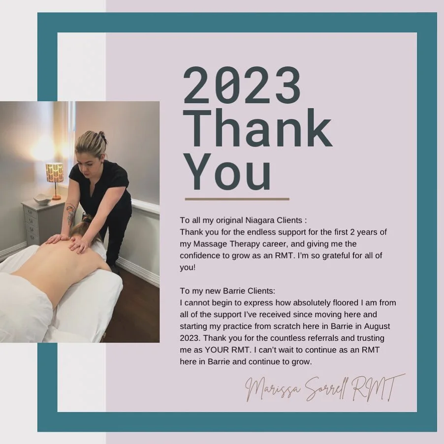 Cheers to an amazing 2023 filled with healing moments! 🌿 

Gratitude to my incredible prior massage clients in Niagara for your ongoing support, and a warm welcome to my new Barrie clients! 

Barrie, thank you for helping me grow my new practice. He
