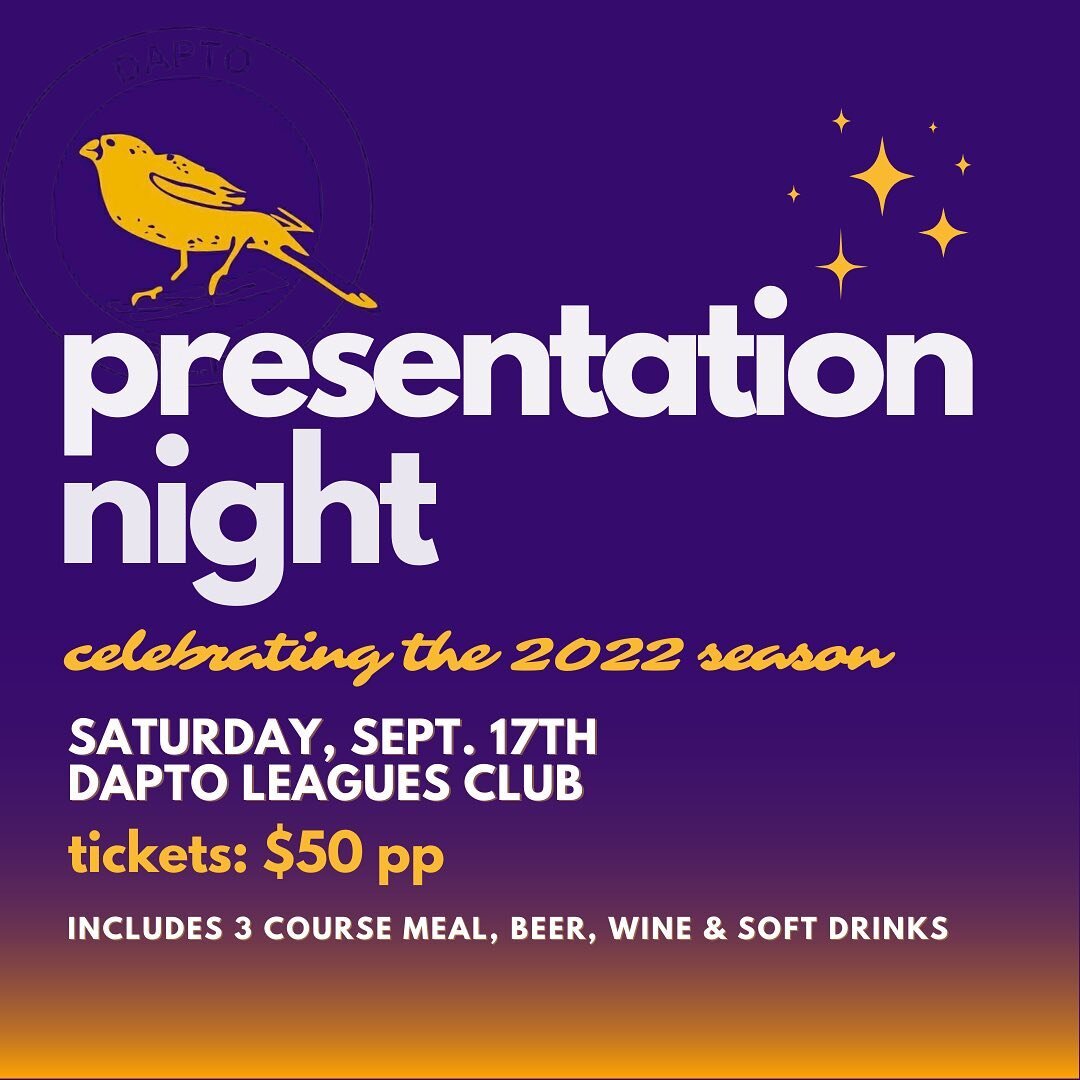 ⭐️🐤 Dapto Canaries 2022 Season Presentation Night will be a night to remember! Join us, Saturday, September 17th at the Dapto Leagues Club to honour all 3 grades of players and staff!

Tickets are $50/pp including a 3-course meal, beer, wine and sof