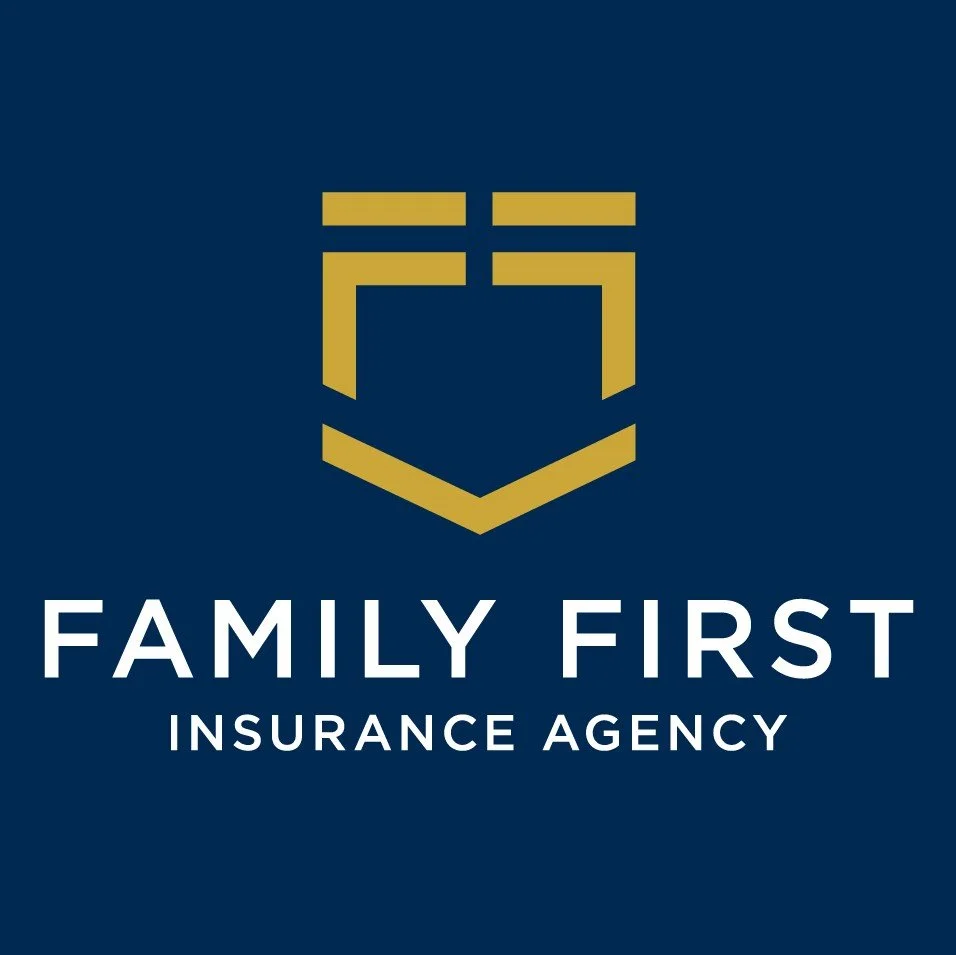 Gold geometric shield insurance agency logo on a dark navy background