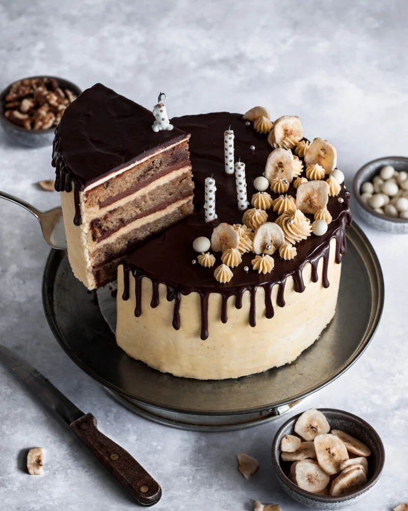 Banana and mocha frangipane cake with browned butter Swiss meringue buttercream