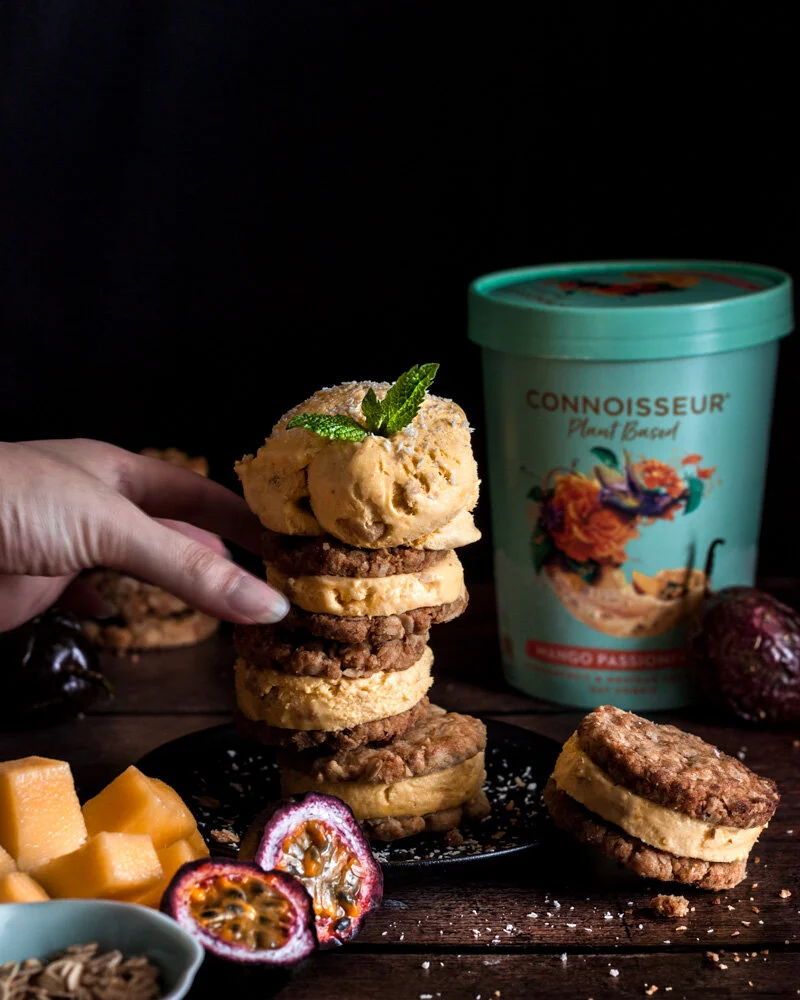 Vegan coconut and oat cookie ice cream sandwiches