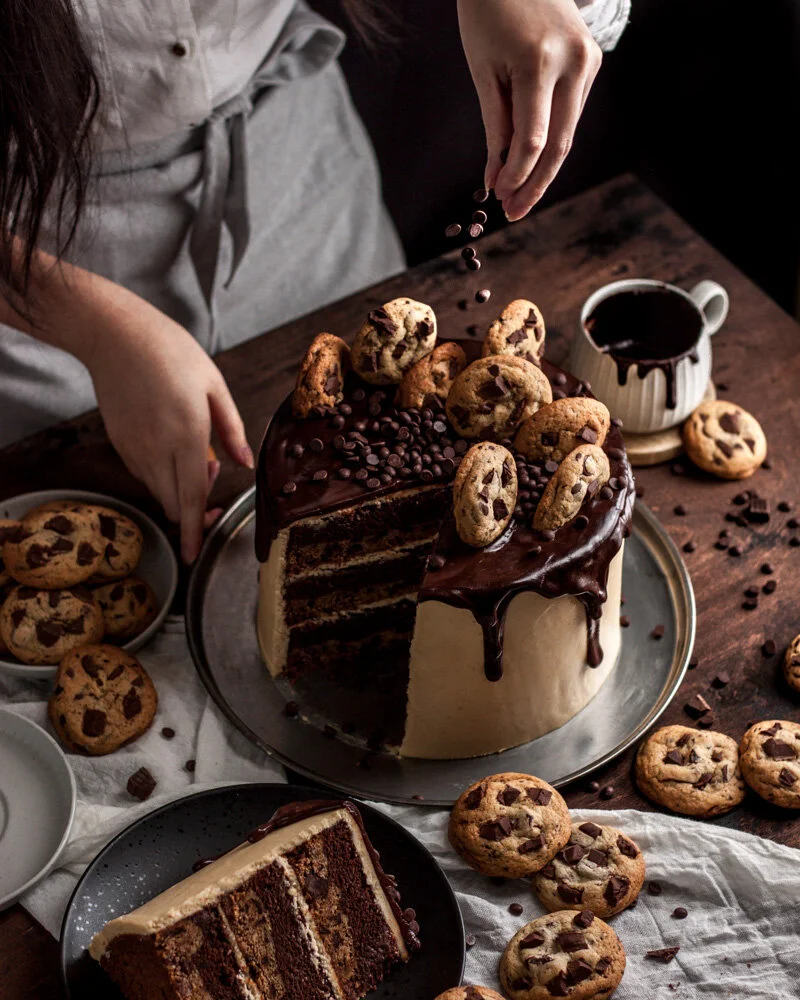 Cookie chocolate cake with browned butter brown sugar cream cheese frosting