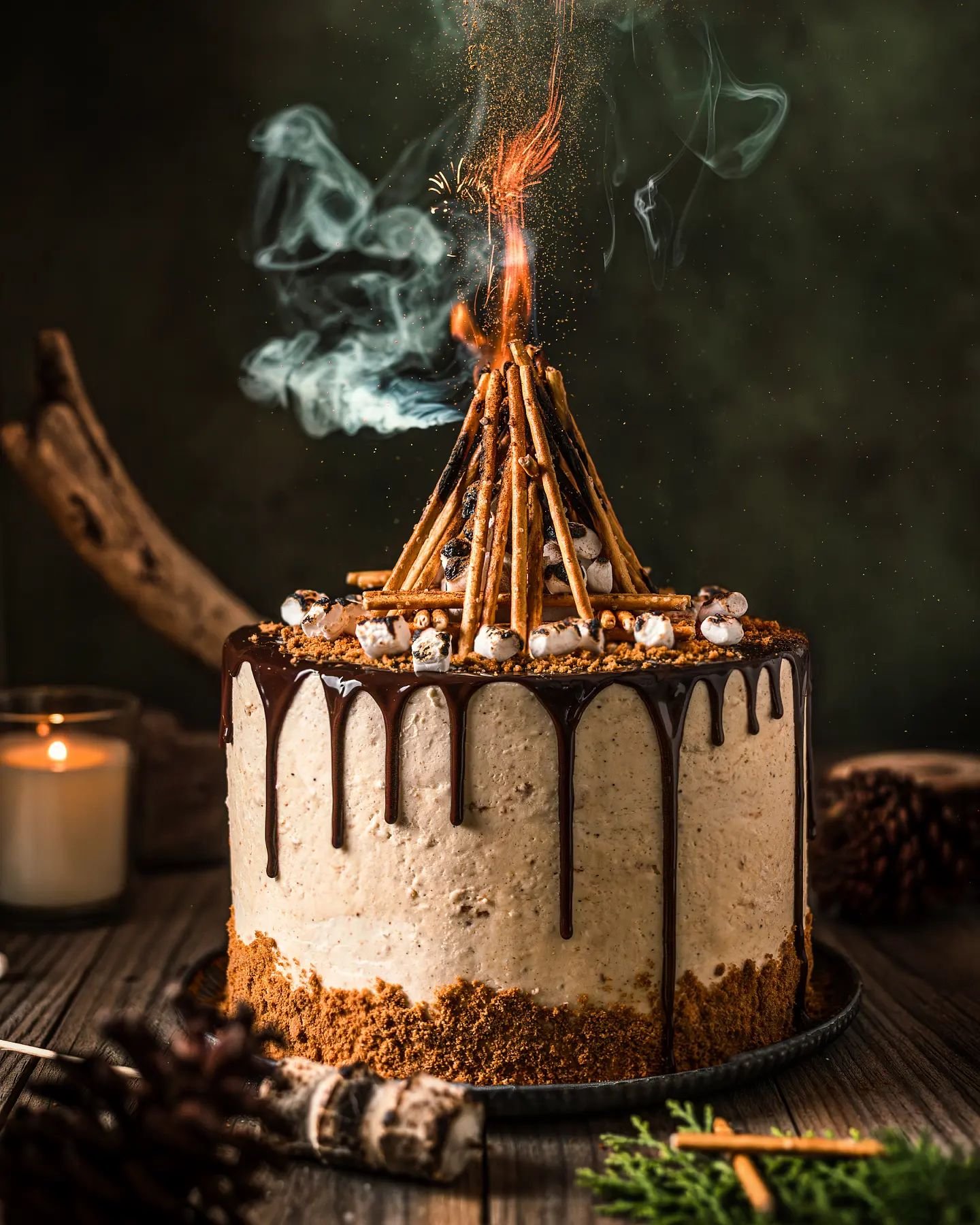 This year's excuse-for-cake cake. i.e., birthday cake.

Who needs a candle when you can have the entire campfire?

(Well, actually I lie, I have a candle in the background. But I know that you know I meant a birthday candle in the cake, not just any 