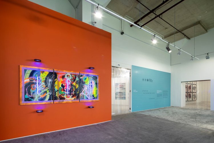  ‘S.E.A. Focus Curated 2022: chance constellations’, 2022, view of the fair entrance with a work by Nicholas Ong on the left. Image courtesy of S.E.A. Focus, Singapore. 