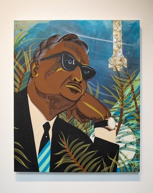  Tammy Nguyen, ‘Commander of Space, Gammal Abdel Nasser’, 2021, watercolour, vinyl paint, pastel, and metal leaf on paper stretched over panel, 60.7 x 50.8cm. Image courtesy of the artist and Tropical Futures Institute. 