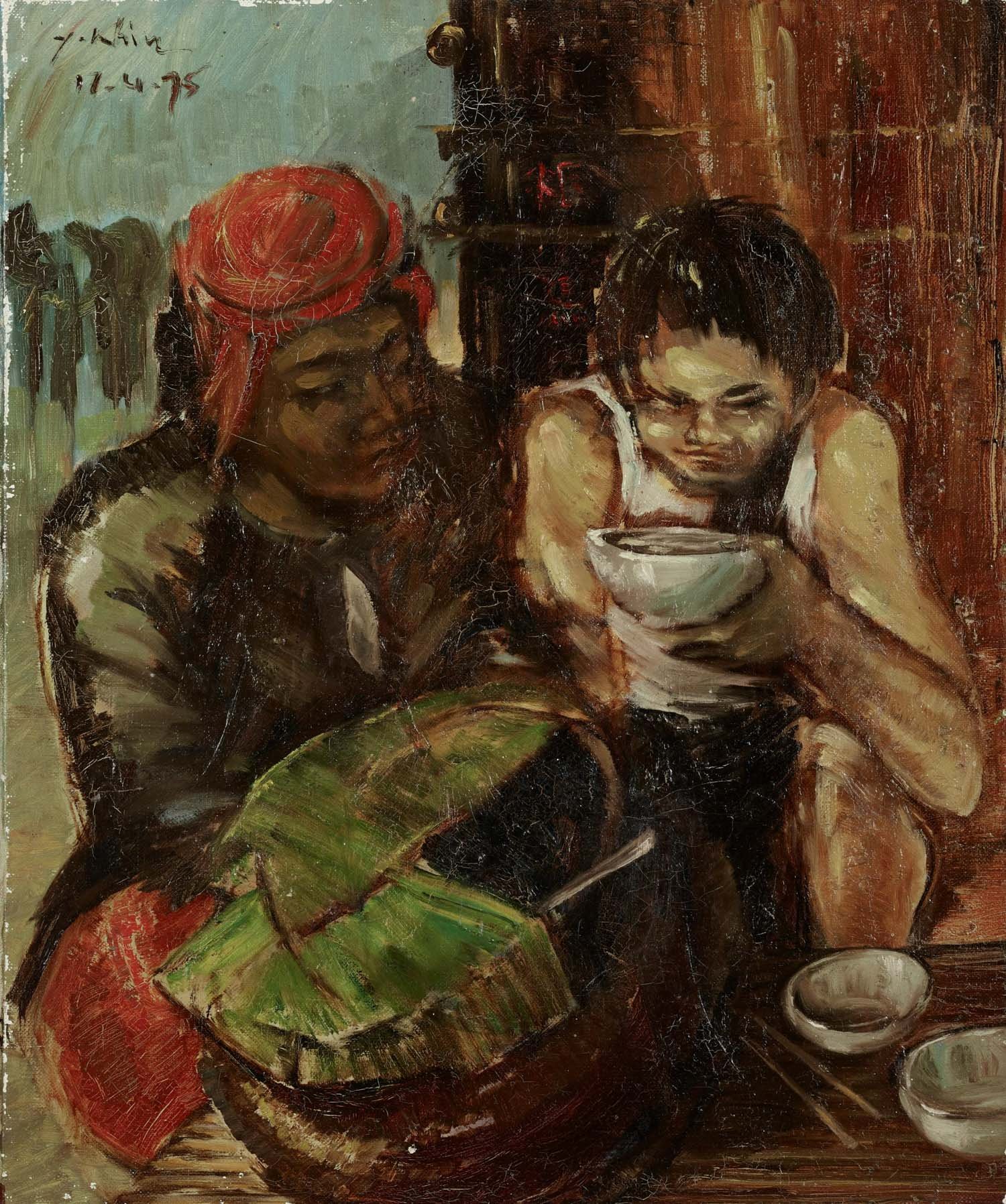  You Khin, ‘Untitled (The Chinese Man Eats The Cambodian Soup)’, 1975, oil on canvas, 46 x 38cm. Collection of National Gallery Singapore. 