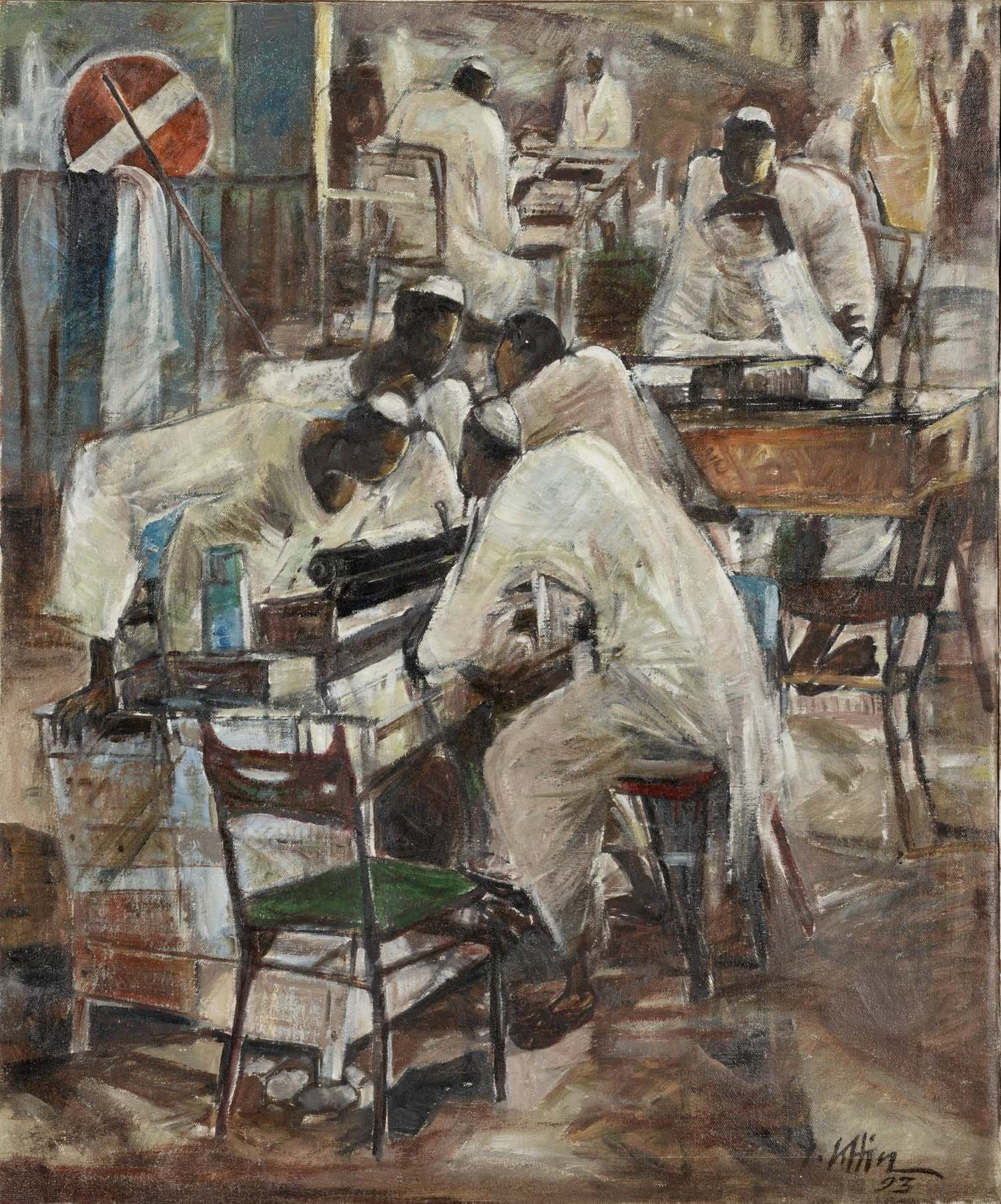  You Khin, ‘Untitled (Public Scribes)’, 1993, oil on canvas, 65 x 54cm. Collection of National Gallery Singapore. 
