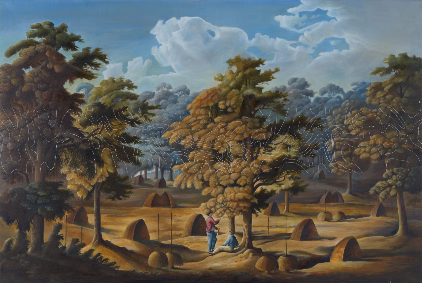  Christopher Pease, Minang/Wardandi/Bibbulmun peoples, ‘Wrong side of the Hay (A deserted Indian village)’, 2005, oil on linen, 122 x 180 x 4.5 cm, The Wesfarmers Collection of Australian Art, © Christopher Pease and Gallerysmith, Naarm/Melbourne. 