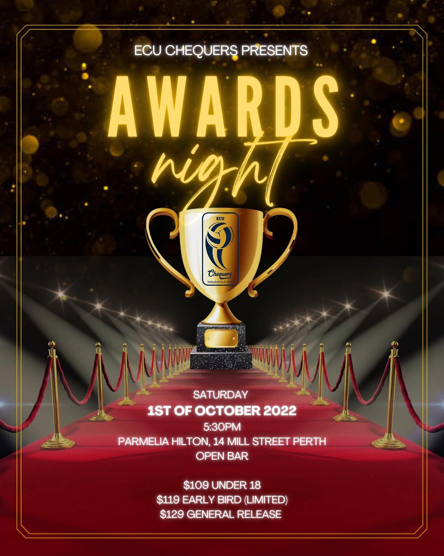 🏆 AWARDS NIGHT 🏆

ECU Chequers would like to invite you to the Awards Night!

Join us for a night of delicious food and OPEN BAR (unlimited drinks)! Not to mention, the announcement of each team&rsquo;s awards!

Snap some memories with our photo bo