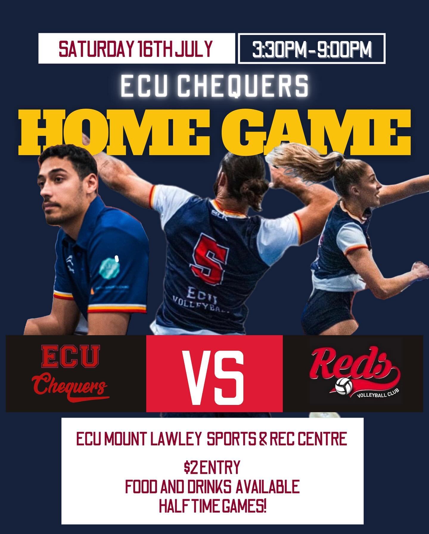📣 HOME GAME 📣

We are excited to invite you to our State League home game against @redsvolley 💪

⏰ WHEN
Saturday 16th of July
3:30PM STATE LEAGUE RESERVE MENS &amp; WOMENS
5:00PM STATE LEAGUE WOMENS
HALF TIME GAMES
7:00PM STATE LEAGUE MENS

📍WHER