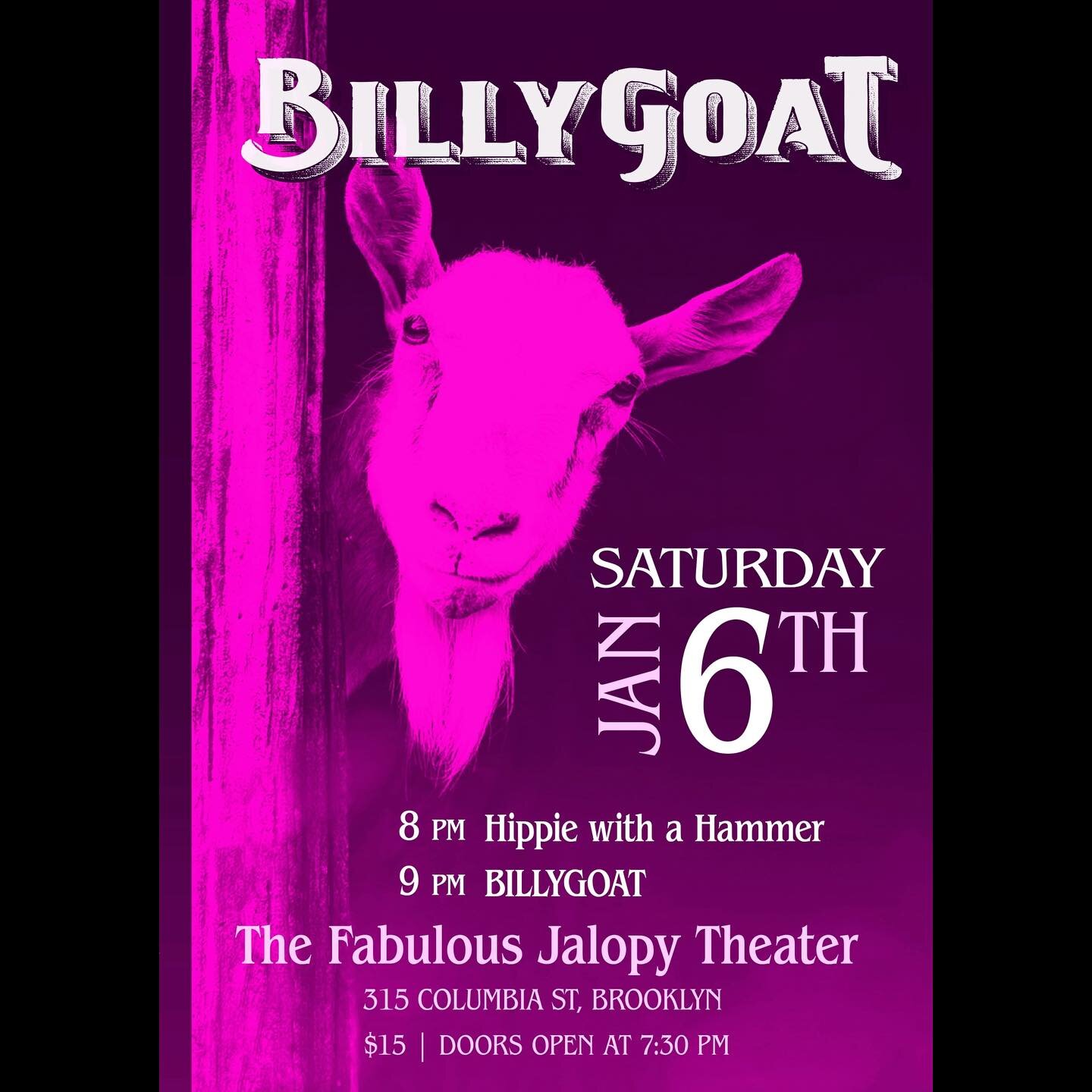 Making noise at @jalopybrooklyn with freak folk band @billygoatsounds @michsegre @jennifasirey @countrycitykitty 
@billkomoski opens as Hippie With A Hammer 
Don&rsquo;t miss this show!
Doors at 7:30
Show 8-10.
$15 at the door. 

#brooklyn #livemusic