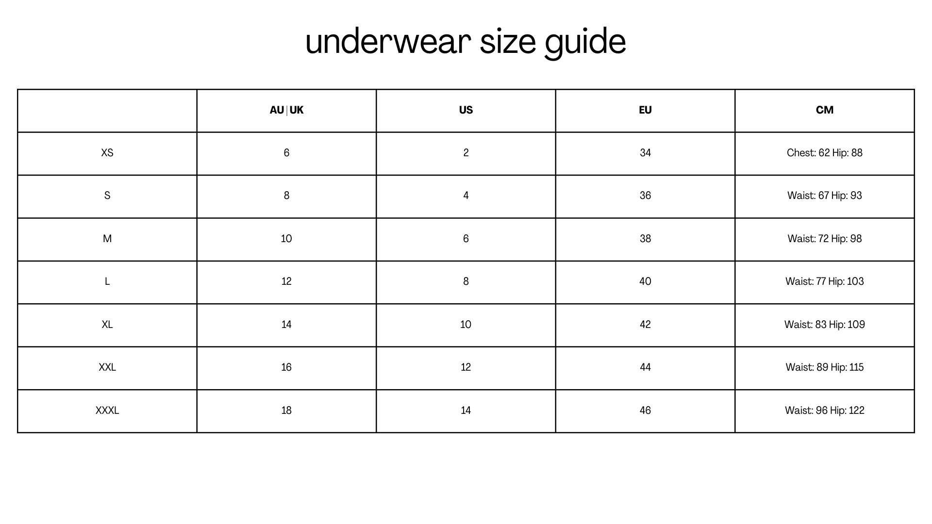 size guide — Syrup Underwear