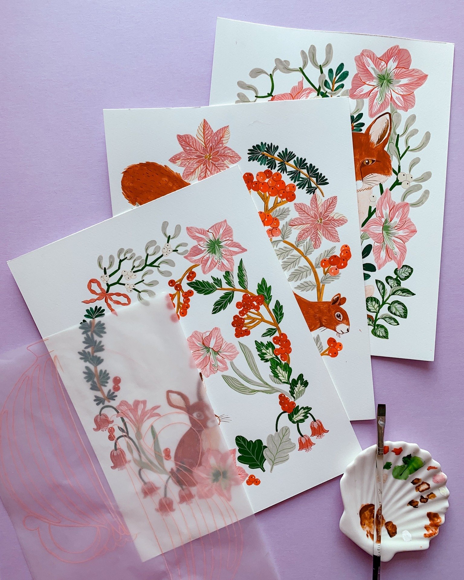 These past weeks, I've been painting these flower-filled, animal designs for my licensing portfolio. Painting traditional holiday designs doesn&rsquo;t come naturally to me, so I wanted to create something fun and OTT for the festive season! (I know 