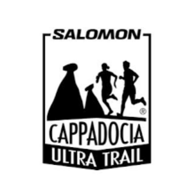 Logo for Salomon Cappadocia Ultra Trail, featuring silhouettes of two runners and a mountain landscape.