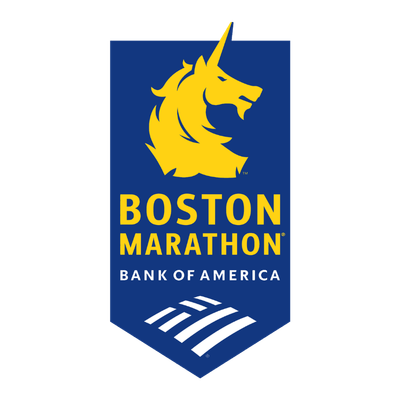 Boston Marathon logo with a yellow unicorn head and blue background, featuring the text 'BOSTON MARATHON' and 'BANK OF AMERICA', with a stylized road graphic at the bottom.