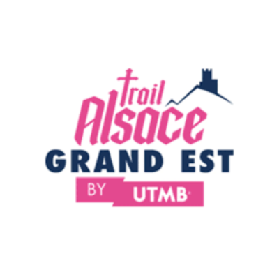 Logo for trail Alsace Grand Est by UTMB with pink and blue text and a mountain silhouette.