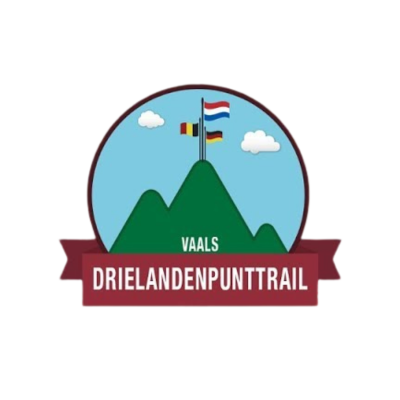Logo with a mountain, three flags, clouds, and a banner reading 'Drielandenpunttrail VAALS'.