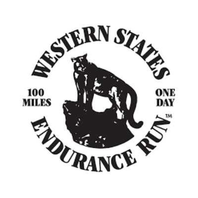 Logo for the Western States Endurance Run featuring a howling wolf standing on a rock, with text indicating 100 miles in one day.
