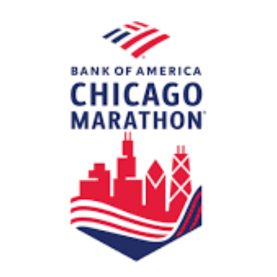 Bank of America Chicago Marathon logo with a stylized cityscape of Chicago and red, white, and blue colors.