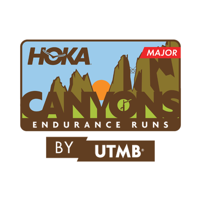 Logo for HOKA Canyon Endurance Runs by UTMB, featuring mountains, the sun, and a red 'Major' banner.