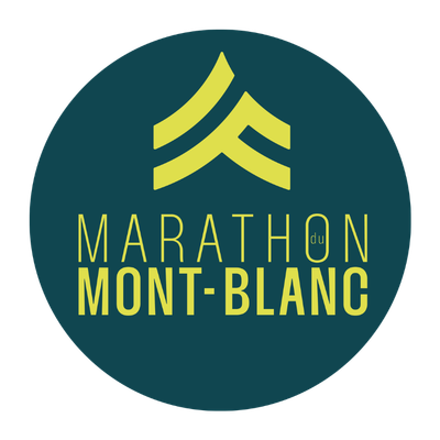 Logo for the Mont Blanc Marathon showing stylized mountain peaks and the event name