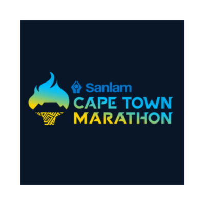 Sanlam Cape Town Marathon logo with a flame icon and text in blue, green, and yellow.