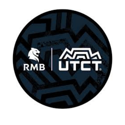 Round logo with a dark blue maze background, featuring a white lion head with the text 'RMB' beneath it, a vertical line, and the 'UTCT' logo on the right.