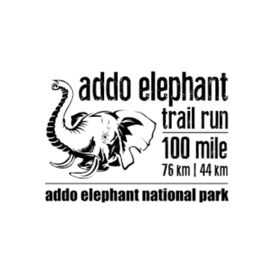 Logo for the Addo Elephant Trail Run, 100 miles at Addo Elephant National Park, featuring an elephant illustration.