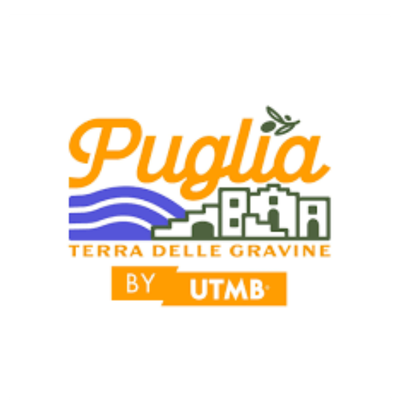 Logo featuring the word 'Puglia' in orange with a small olive branch on top, blue waves underneath, and green buildings below with the text 'Terra Delle Gravine' and 'By UTMB' in orange.