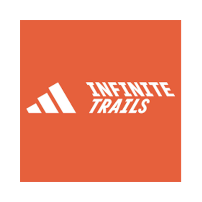Adidas logo with the words "Infinite Trails" on an orange background.
