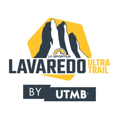 Logo for La Sportiva Lavaredo Ultra Trail by UTMB, featuring mountain silhouettes on a yellow background with event name and sponsor details.