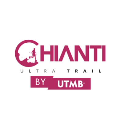 Logo for Chianti Ultra Trail by UTMB featuring a hiker on a mountain trail with a background of a mountain silhouette.