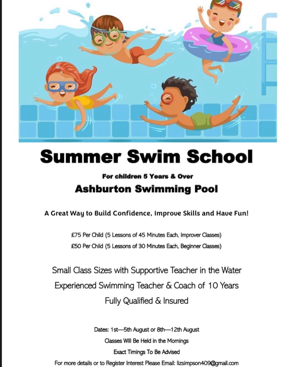 Swimming lessons at the pool! Please contact lizsimpson409@gmail.com