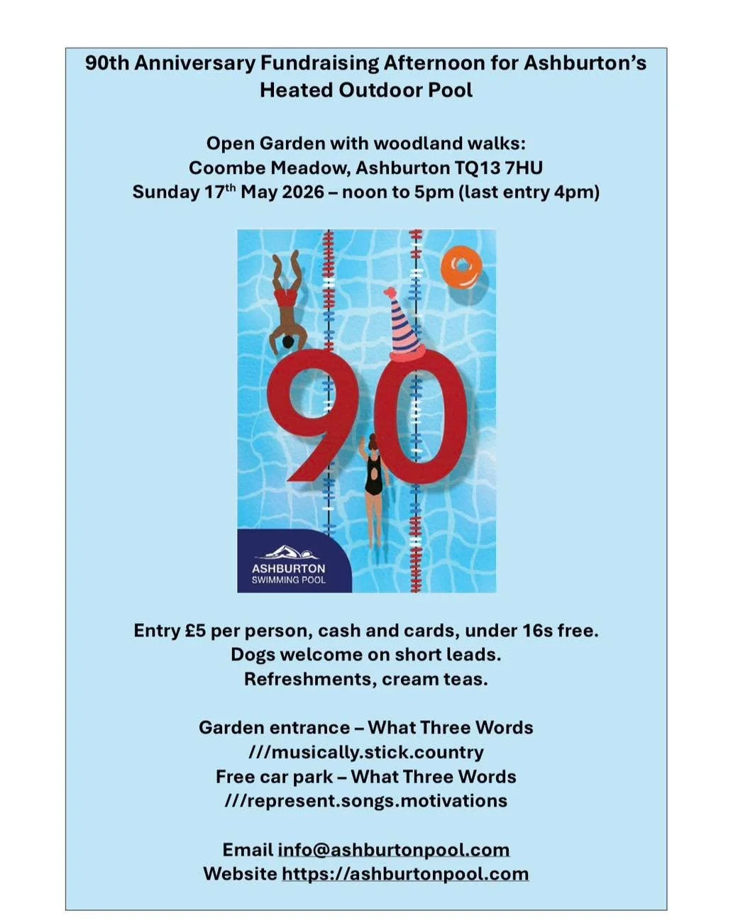 Looking for something to do on Sunday? Open Garden at Coombe Meadow from 12-5pm to raise funds for Ashburton Swimming Pool. 
Many thanks to Angela and Mike for generosity sharing their beautiful garden for the afternoon. 
Cream teas also available