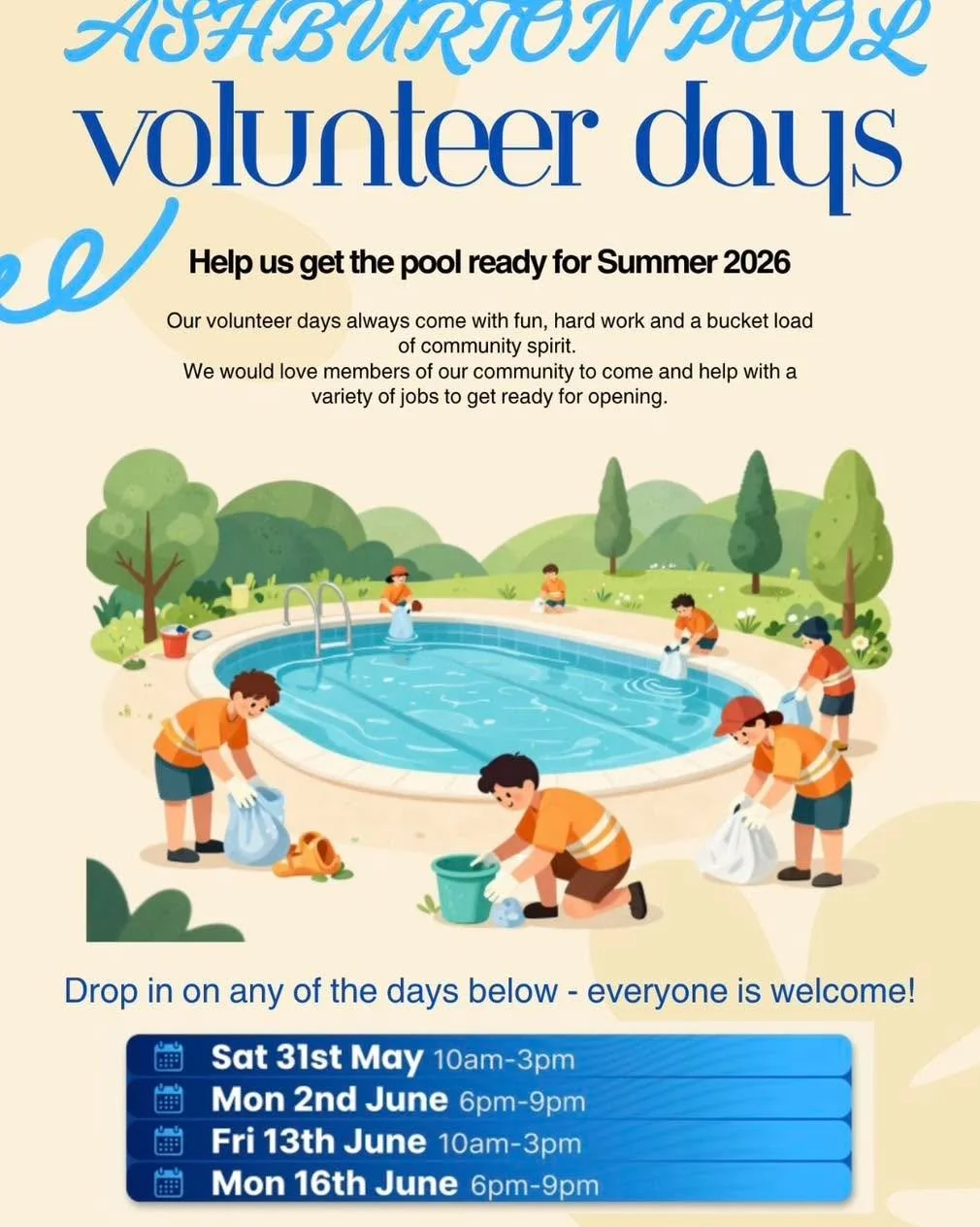 It's that time of year again! After the progress of phase two of the pool repairs, we are starting to look forward to getting the site ready to open for the summer!

We are looking for members of our community to pop down on any of the volunteer days