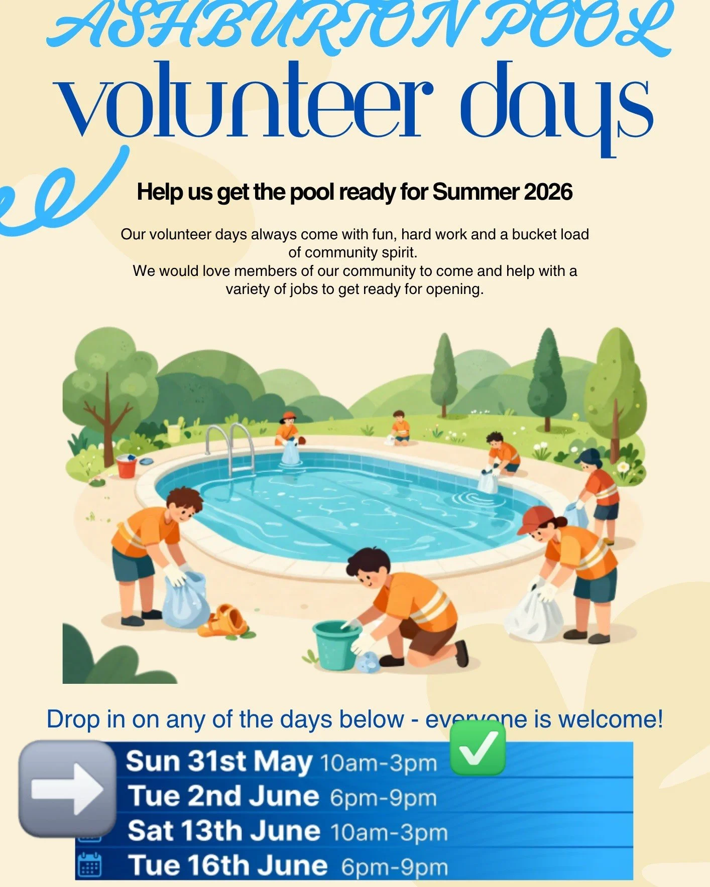 Can you spare an hour or two this evening?

We have our second pool Volunteer day this evening at 6pm-9pm.

After making a great start on Sunday, we still have plenty of jobs that need doing!

We have inside and outside jobs, so whatever the weather,