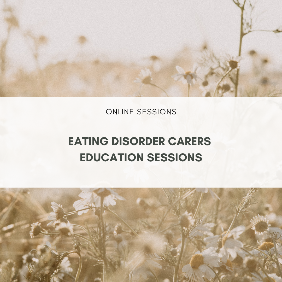Eating Disorder Carers Workshops advertisement with background of wildflowers, offering in-person attendance at a clinic in Wimbledon Village.