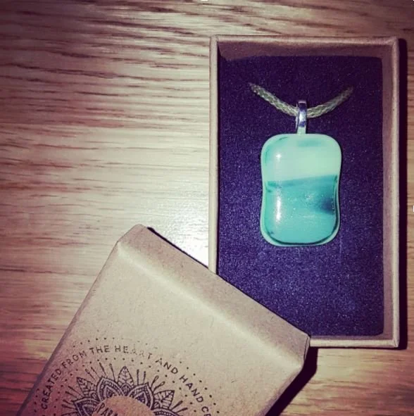 Aqua fused glass pebble pendant