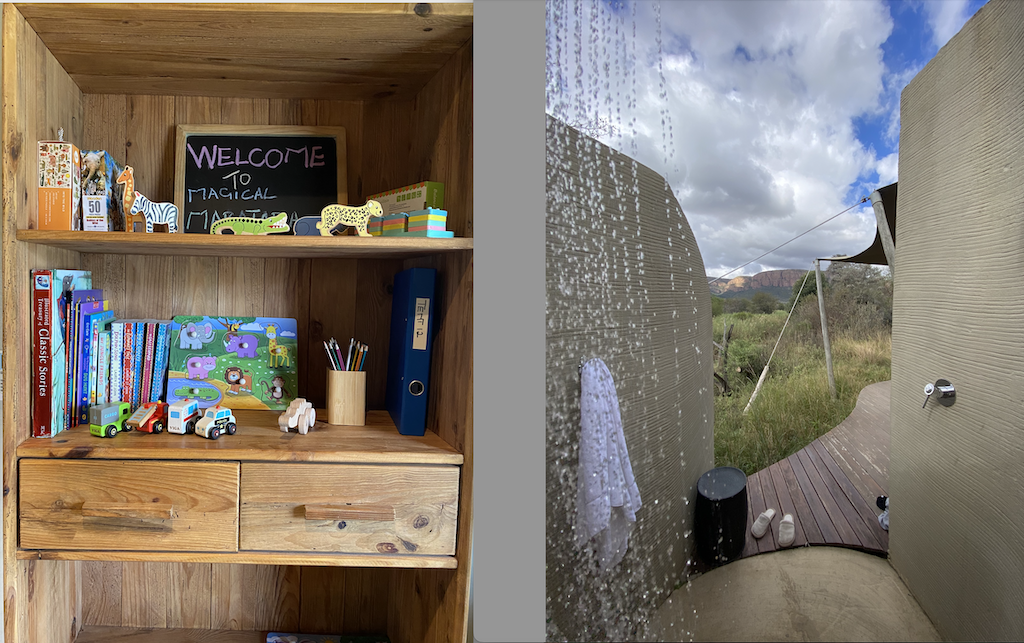 Kids toys and outdoor shower view at Marataba Safari Lodge