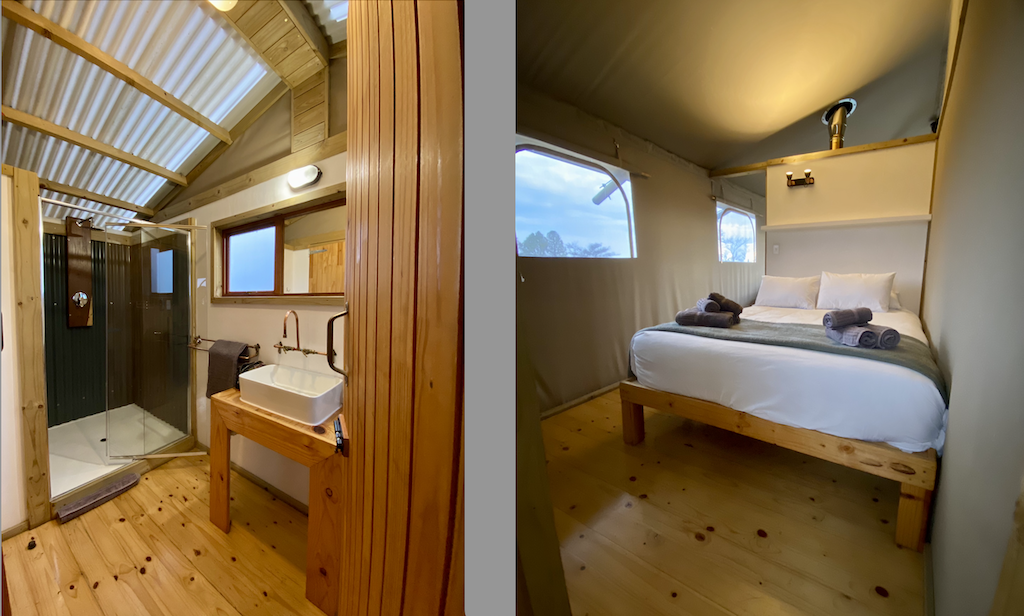 Room and bathroom view inside Africamps Waterberg glamping tents