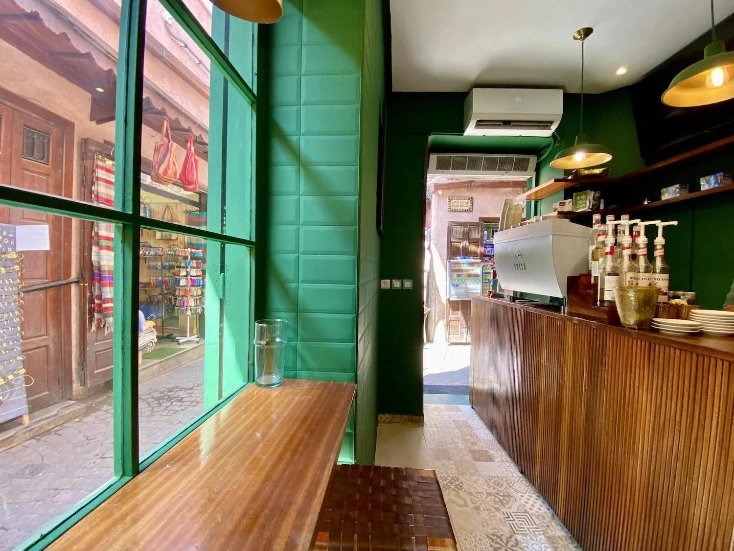 KeshCup coffee shop inside seating and window view Marrakech Medina