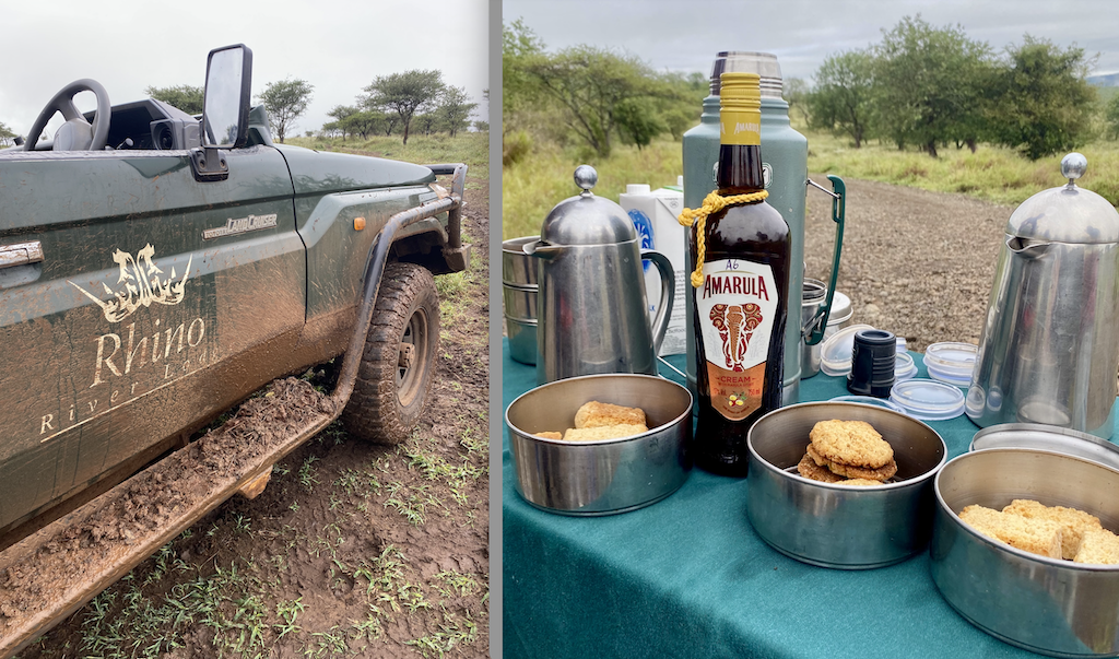 muddy jeep tyres and coffee snacks safari drive