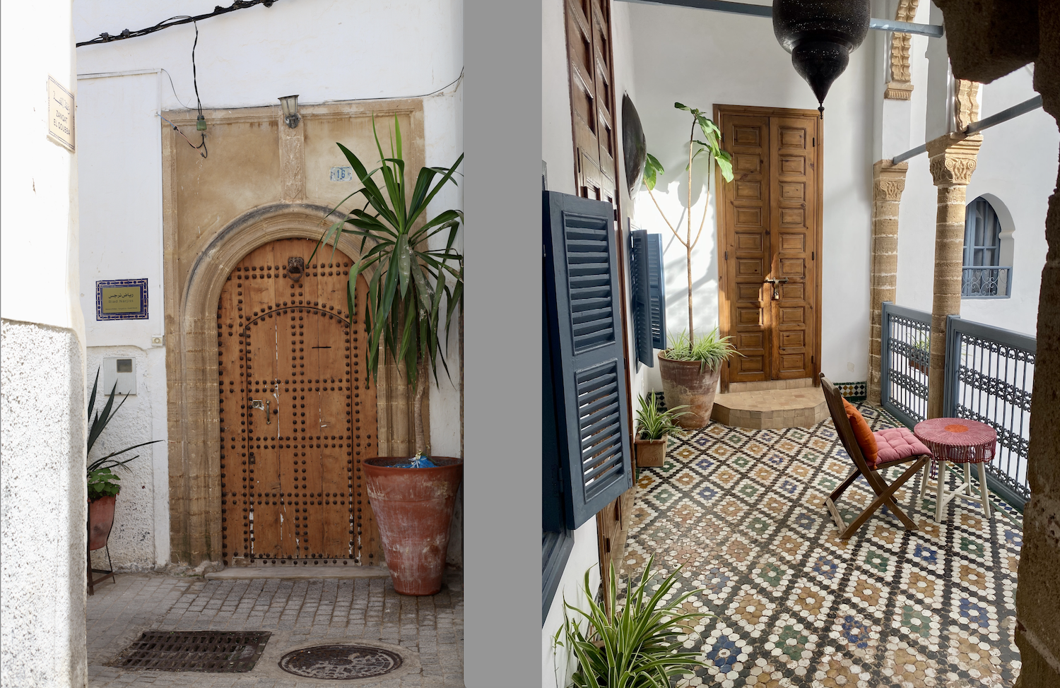 traditional riad door and seating area Rabat