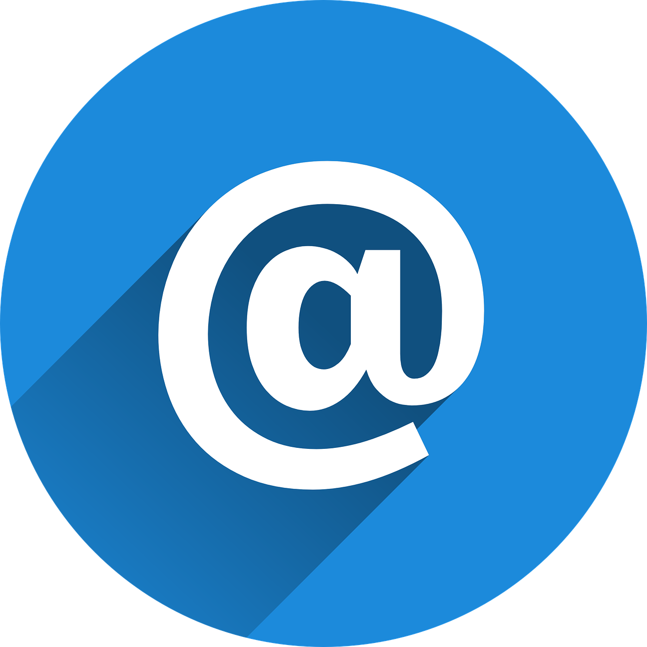 Blue circular icon with a white 'at' symbol (@) and long shadow.