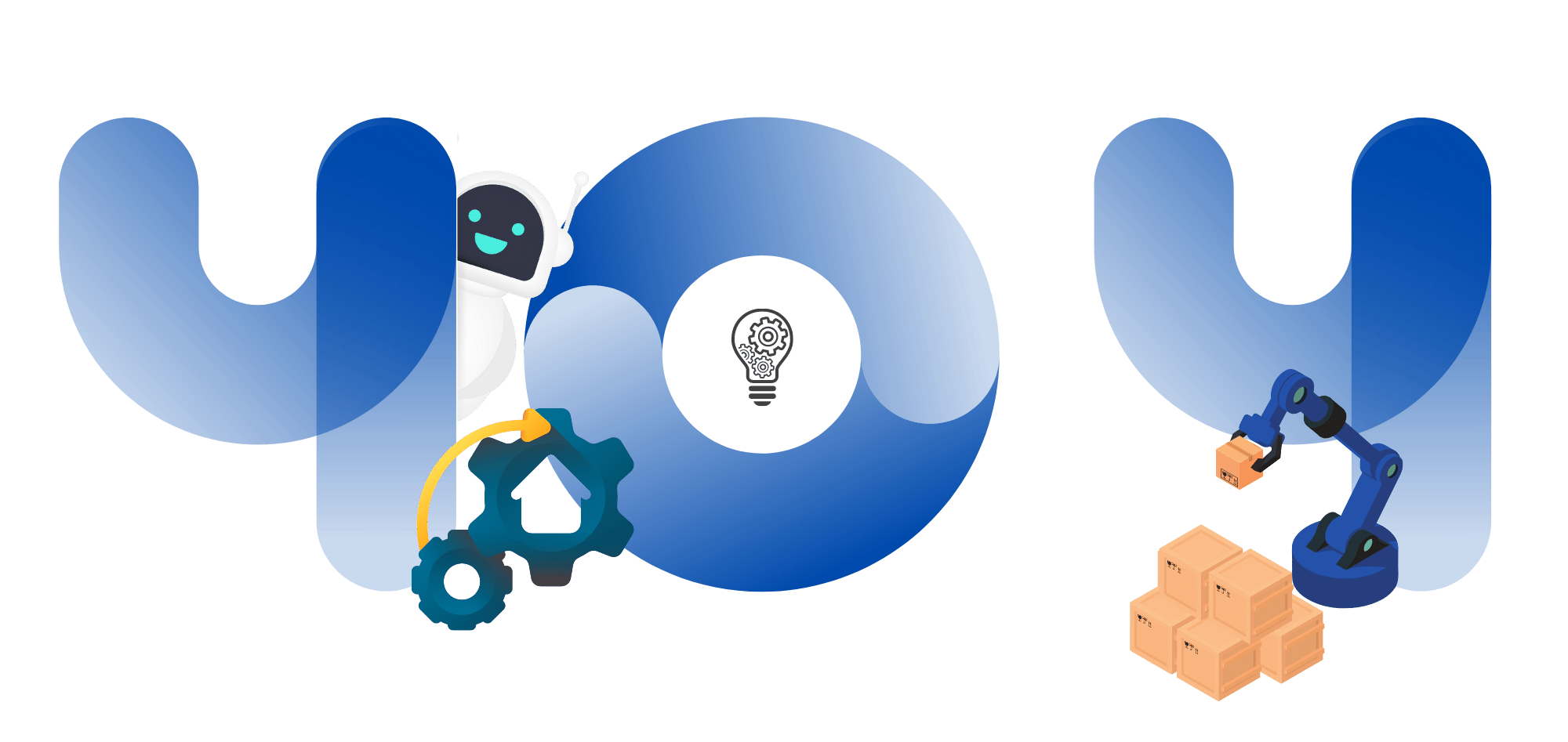 Illustration of the word 'YOU' in large blue letters with a smiling robot peeking from behind the letter 'Y'. There are gears and a lightbulb icon inside the letter 'O', a robotic arm picking up boxes, and a flow of a yellow arrow connecting the gears to the robot.