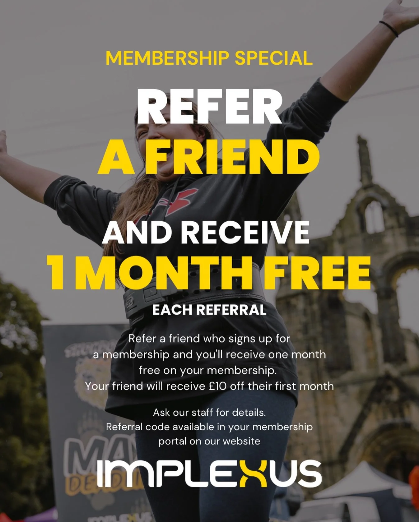 Bring a friend. Get rewarded. 💪🔥

Refer a friend to Implexus Gym and you&rsquo;ll score ONE FREE MONTH of membership 🙌
Your friend wins too &mdash; they get &pound;10 OFF their first month 💸

Train together. Save together. Win together.
Tag your 