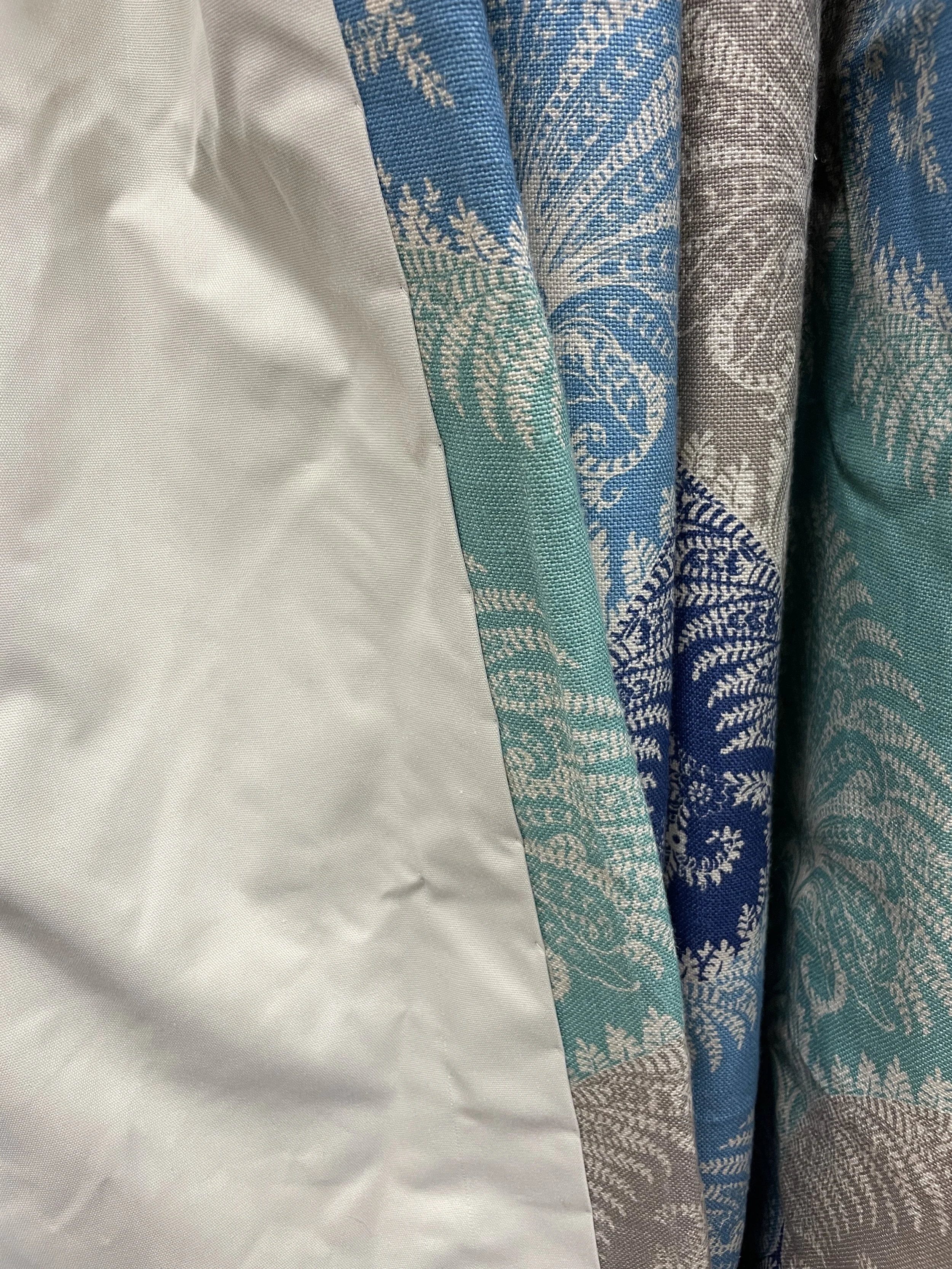 Close-up of multicolored curtains with intricate floral patterns in shades of blue, teal, gray, and beige.