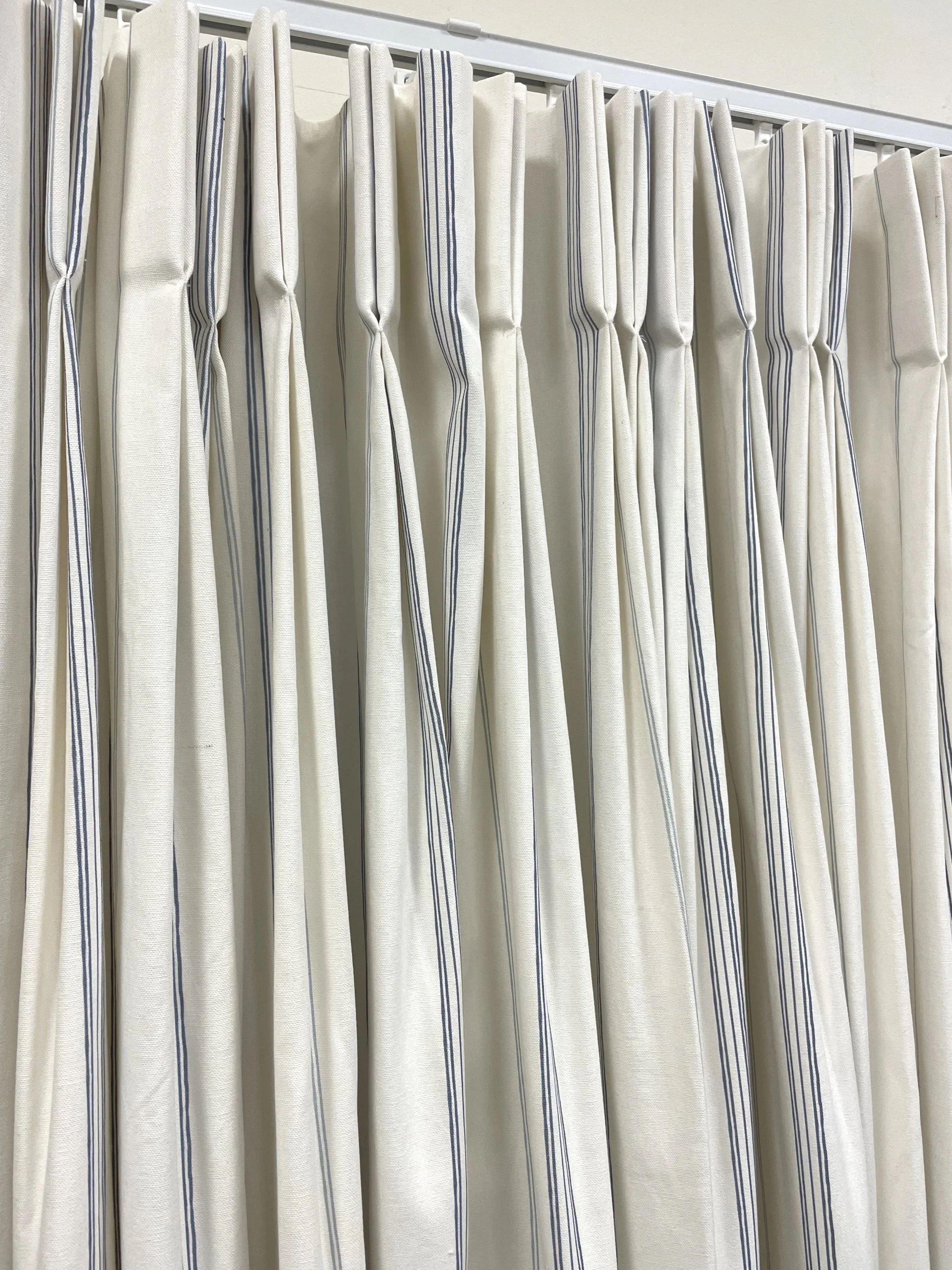 ada and Ina white and blue striped fabric curtains